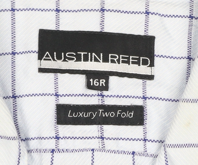 Austin Reed Men White Blue Check Cotton Shirt 16R Regular Long Sleeve