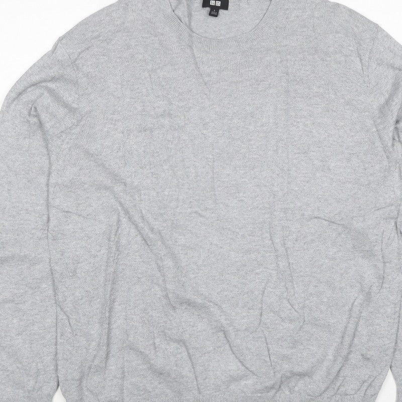 Uniqlo Men Grey L Crew Neck Tight-Knit Pullover Jumper