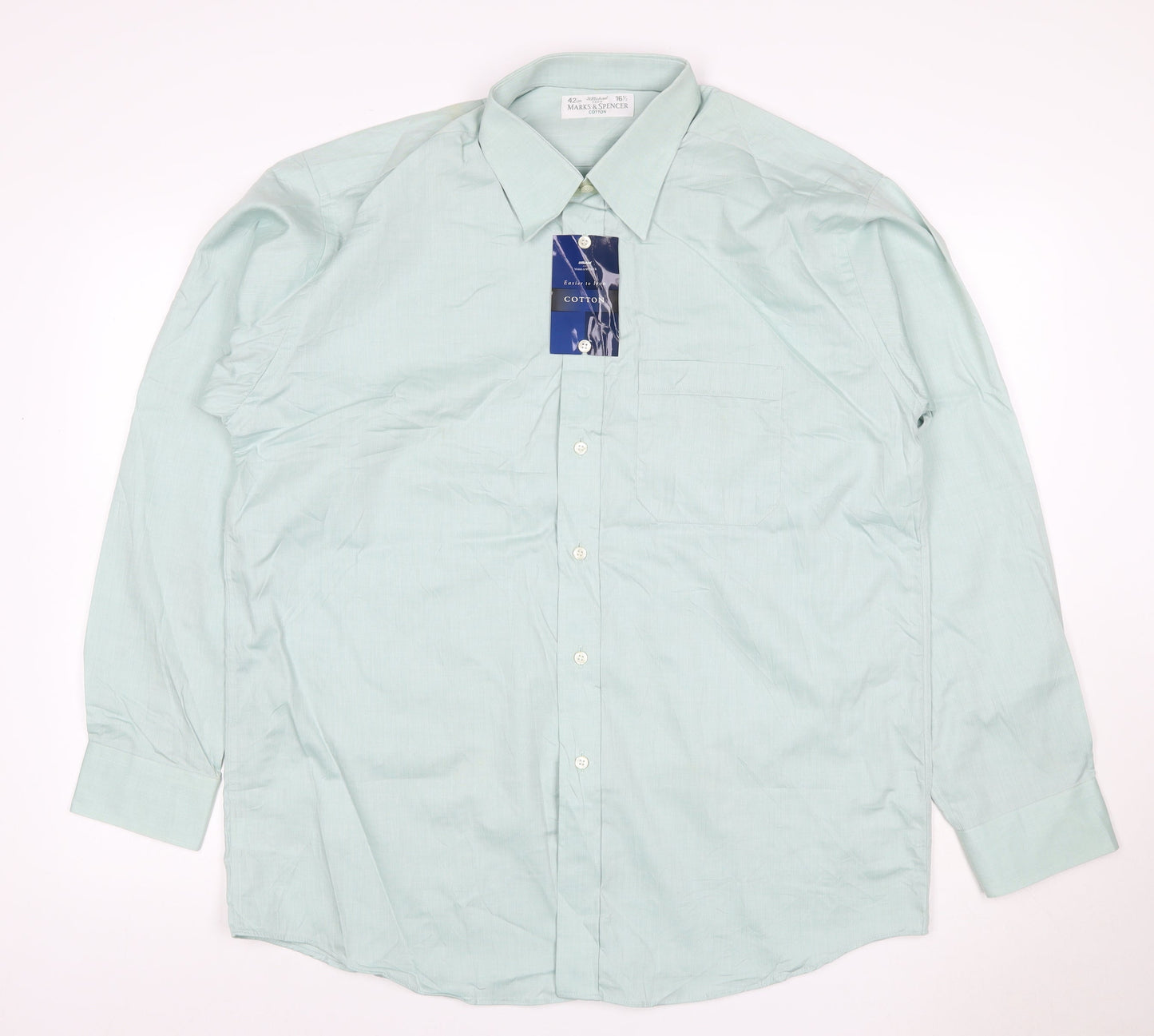Marks & Spencer Men’s Green 16.5 Herringbone Cotton Button-Up Shirt