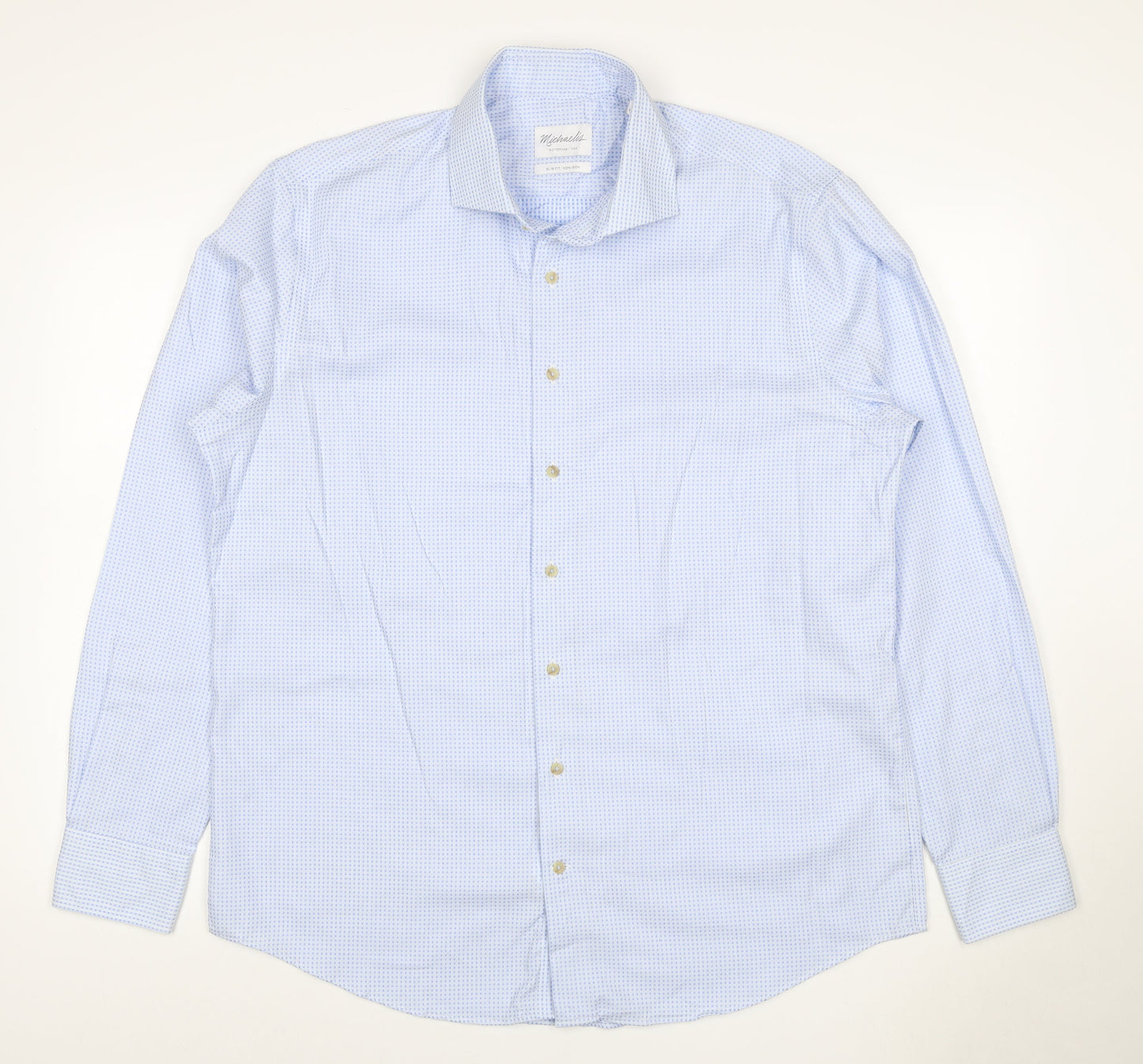 Michaelis Men Blue Slim Fit 44 17.5 Cotton Non-Iron Geometric Shirt