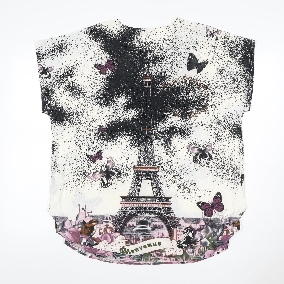 LIN.N.B. Women Ivory M Eiffel Tower Butterfly Rhinestone T-Shirt