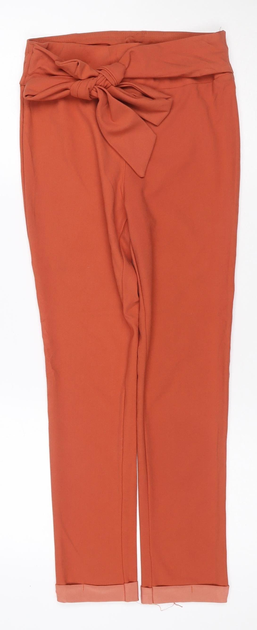 shosho Women Orange S High Waist Tie Belt Straight Dress Trousers