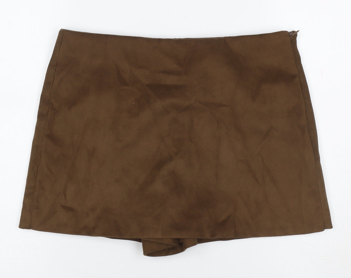 Zara Women Brown L Short Lined Zip Skort