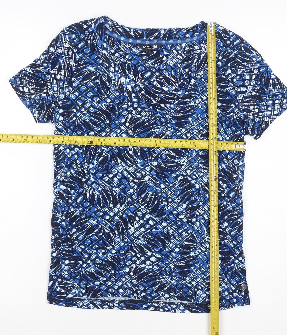 Close-up detail of Maine New England Women’s Blue Leaf Print Cotton Jersey T-Shirt UK 10