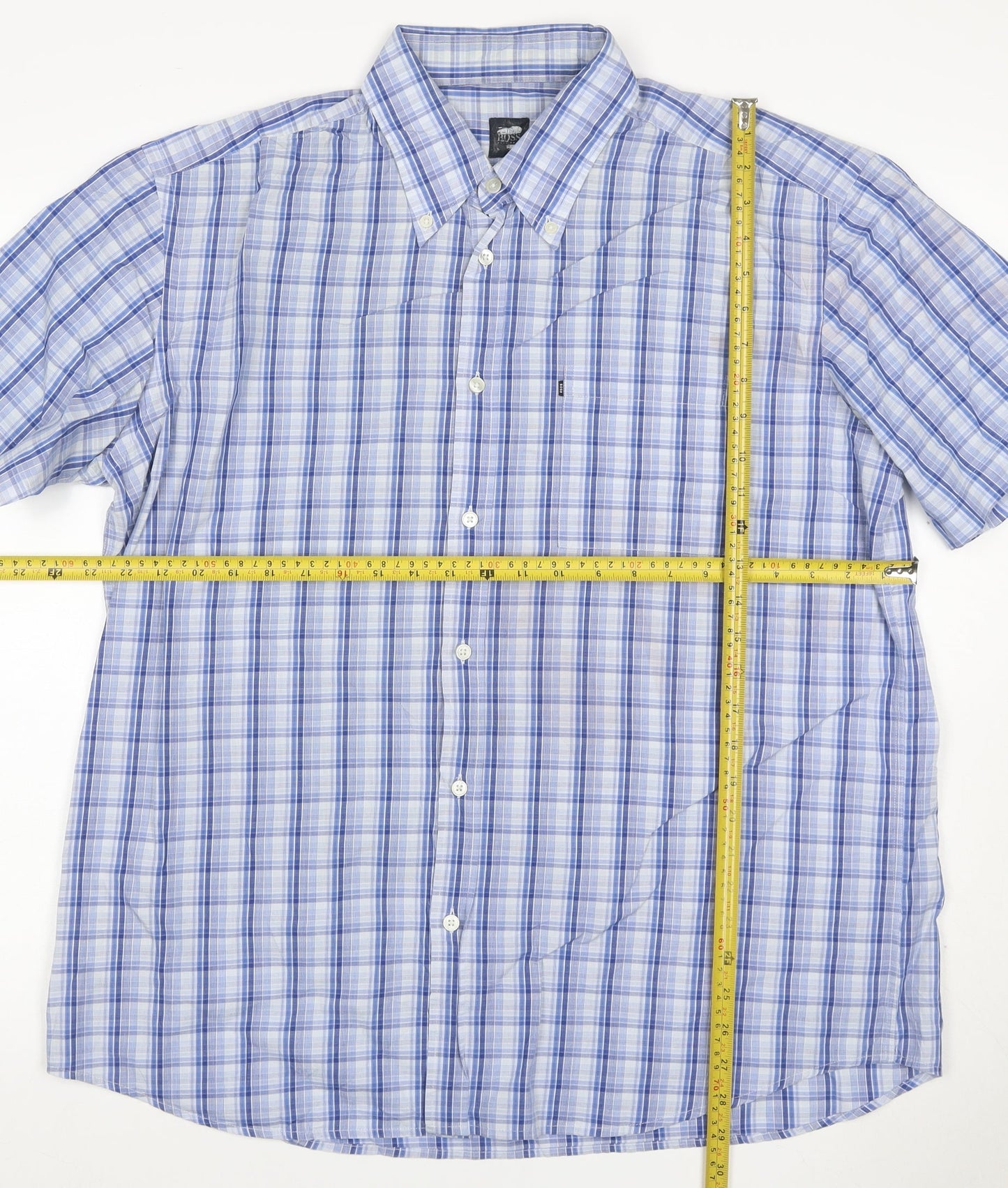 BOSS Hugo Boss Men Blue Check 7 Plus Button-Down Short Sleeve Shirt