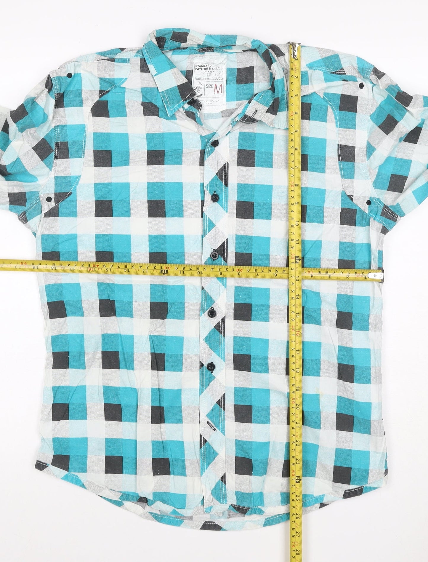 Mens M Turquoise Check Cotton Button-Up Long Sleeve Shirt