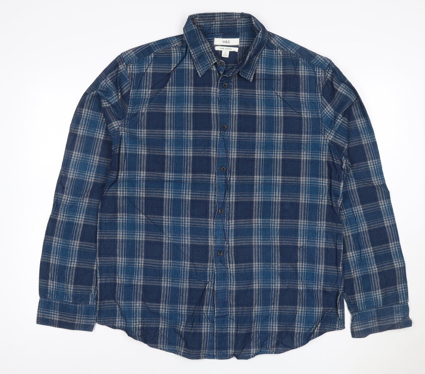 Marks and Spencer Men Blue Plaid Pure Cotton L Regular Button-Up Shirt