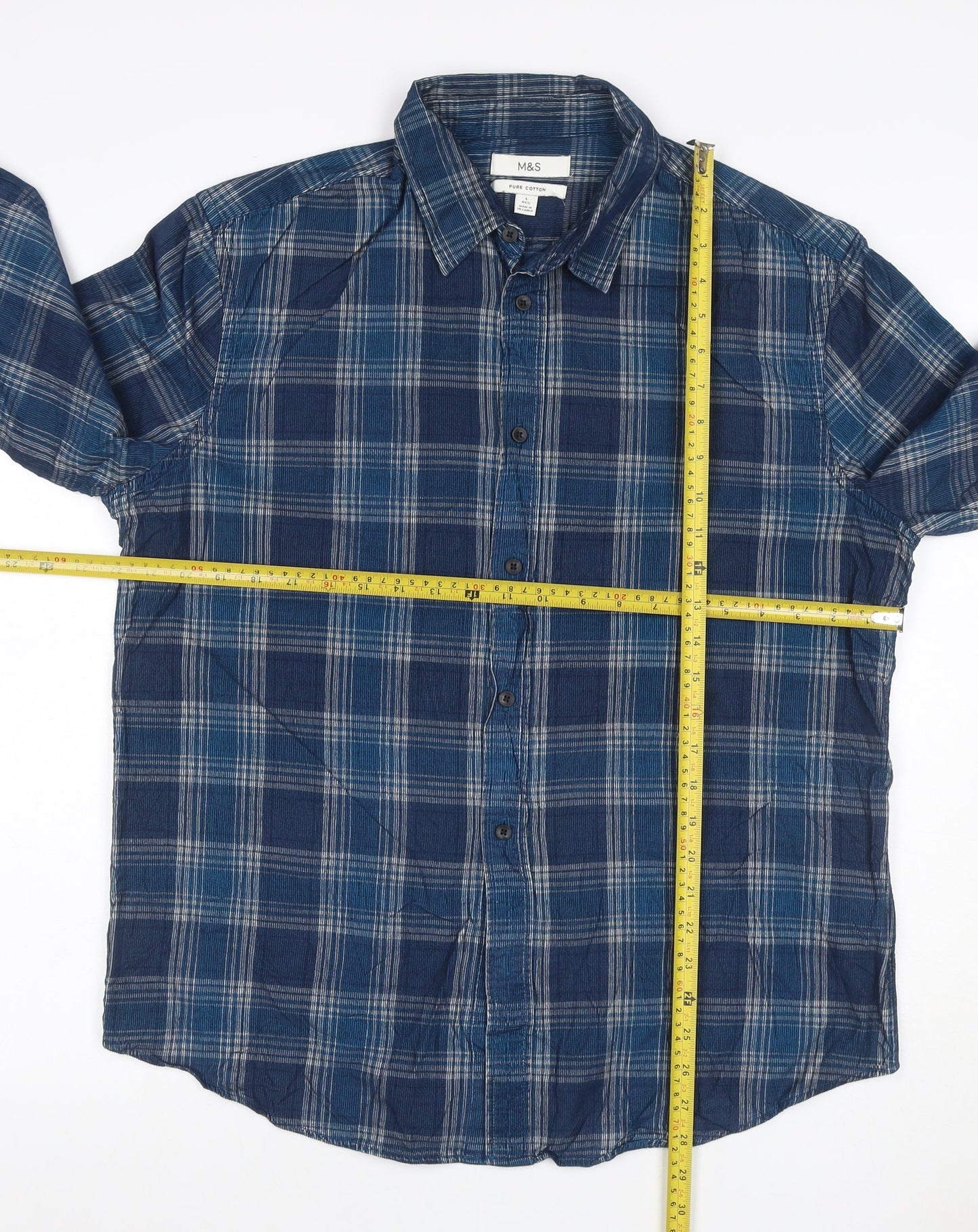 Marks and Spencer Men Blue Plaid Pure Cotton L Regular Button-Up Shirt