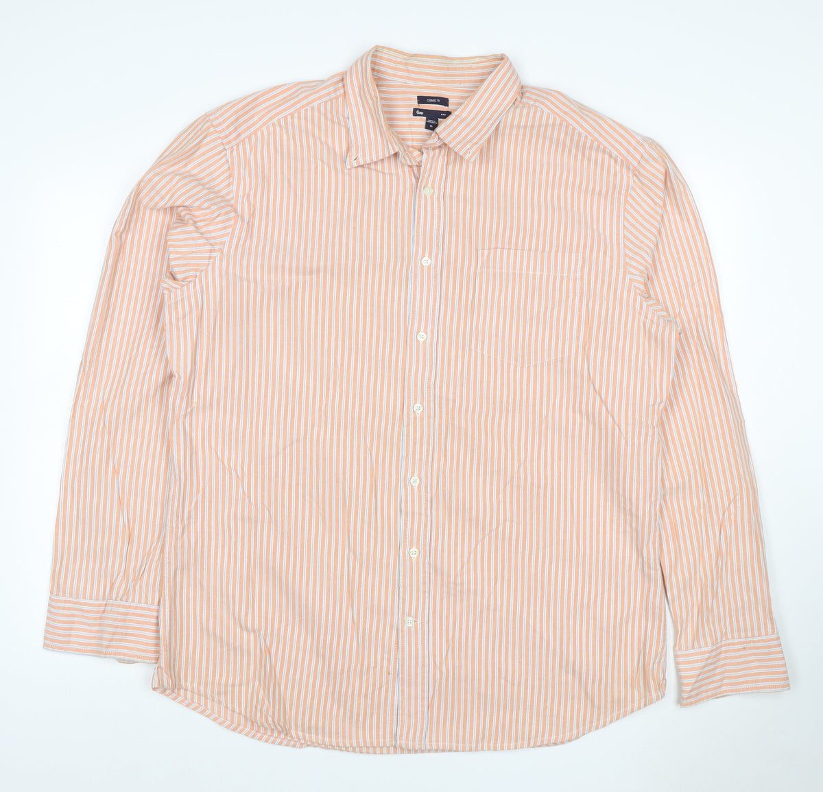 Back view of Gap Men’s Orange White Striped Classic Fit XL Long Sleeve Button-Up Shirt