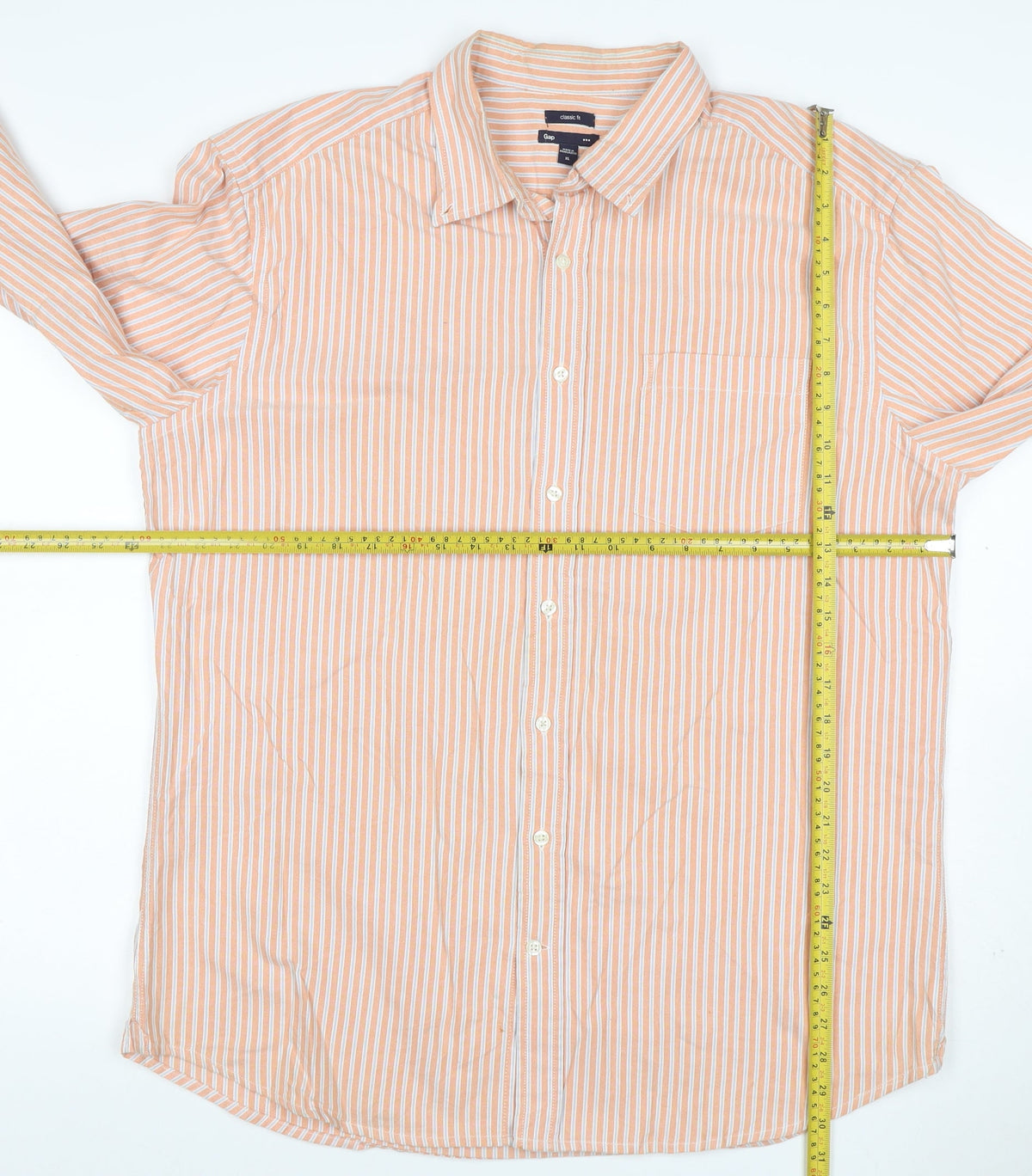 Brand and care label for Gap Men’s Orange White Striped Classic Fit XL Long Sleeve Button-Up Shirt