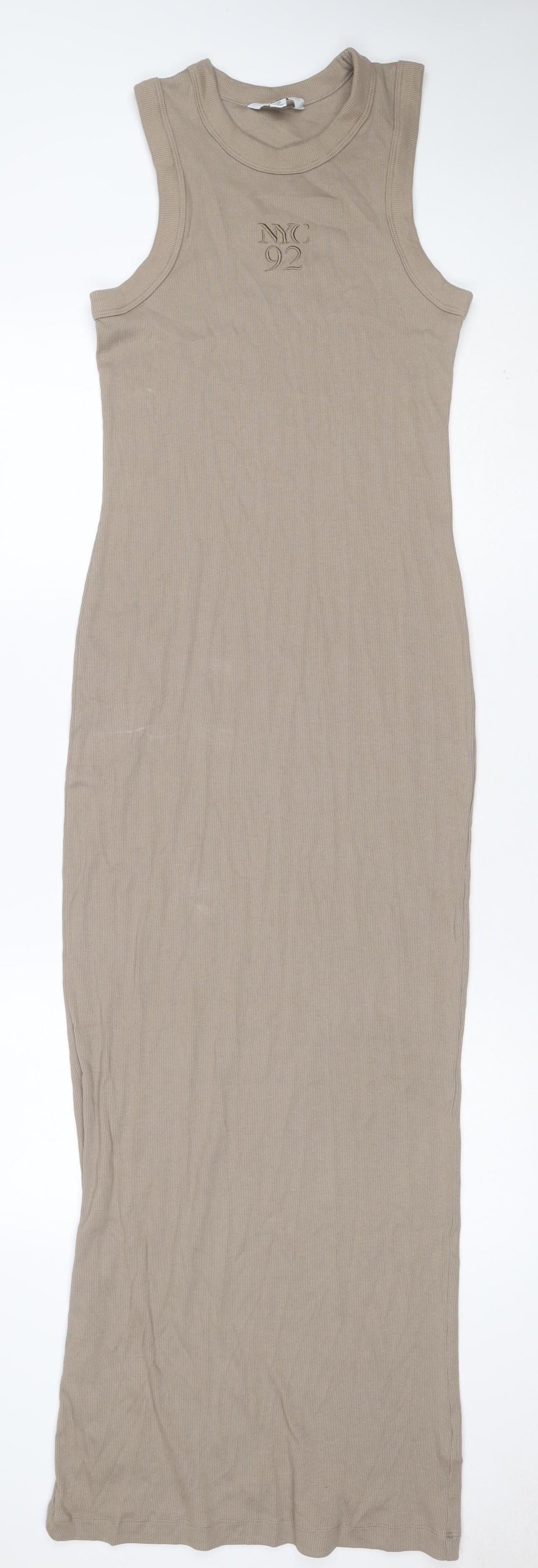 Next Women Beige UK 10 Ribbed Cotton Stretch Midi Tank Dress