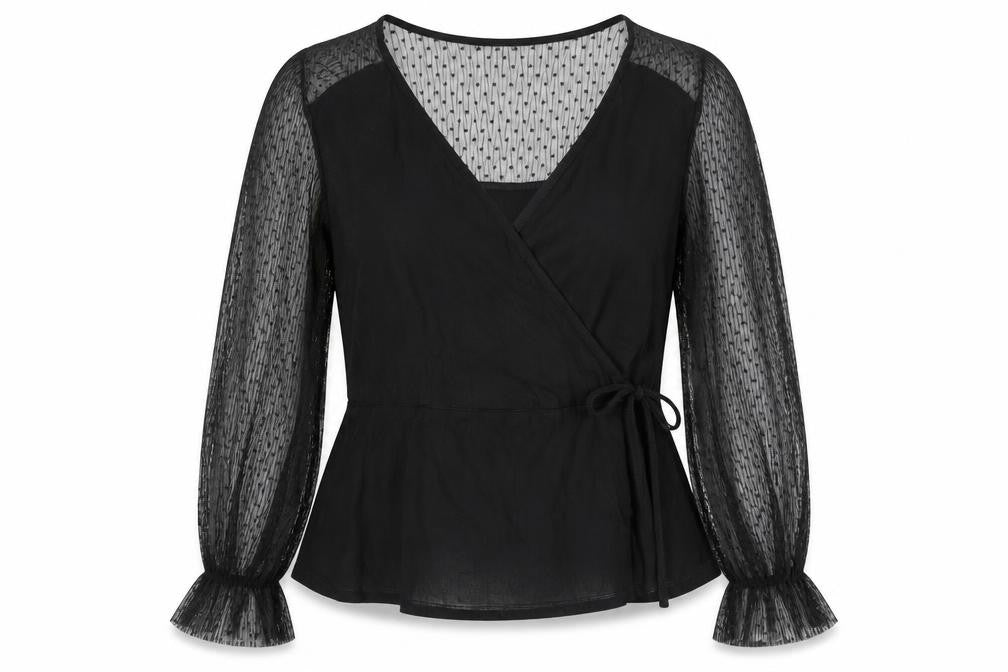 Lipsy Women’s Black UK 18 Wrap Blouse Sheer Mesh Balloon Sleeves