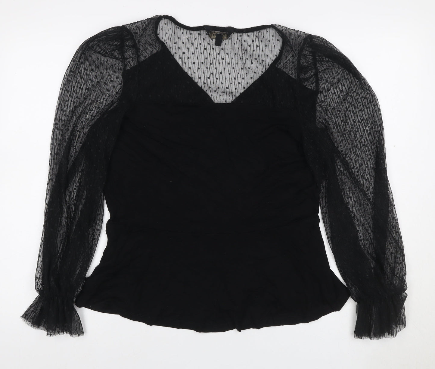 Lipsy Women’s Black UK 18 Wrap Blouse Sheer Mesh Balloon Sleeves