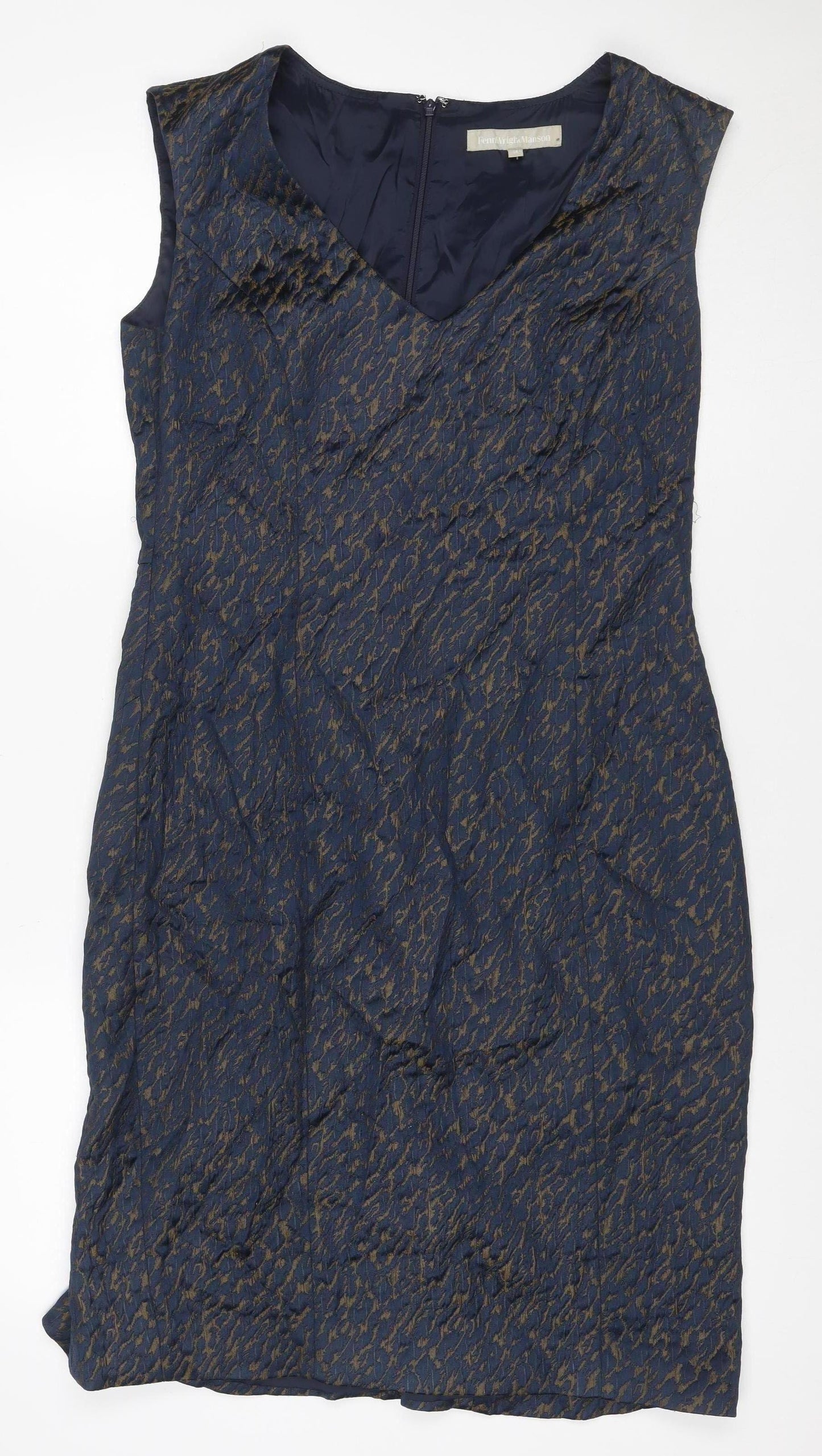 Henry W. Mason Women’s Blue Gold Houndstooth Jacquard Sheath Dress UK 14