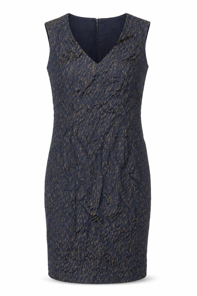 Henry W. Mason Women’s Blue Gold Houndstooth Jacquard Sheath Dress UK 14
