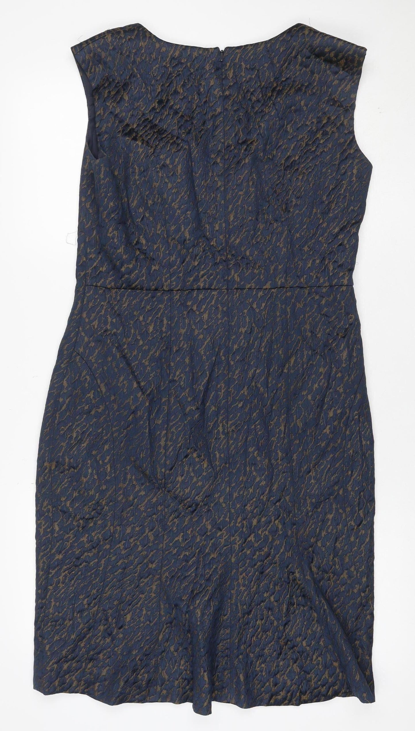 Henry W. Mason Women’s Blue Gold Houndstooth Jacquard Sheath Dress UK 14