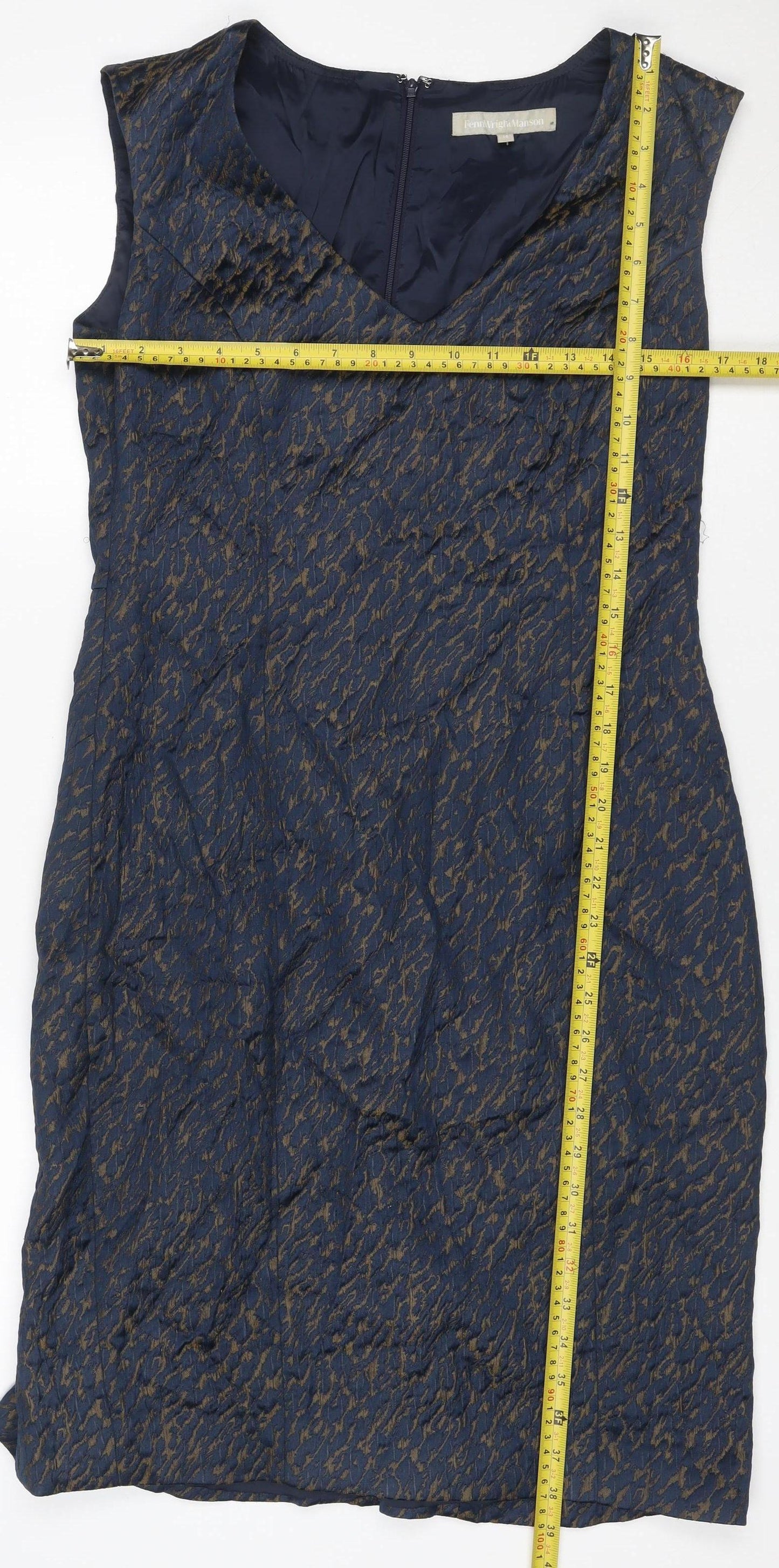 Henry W. Mason Women’s Blue Gold Houndstooth Jacquard Sheath Dress UK 14