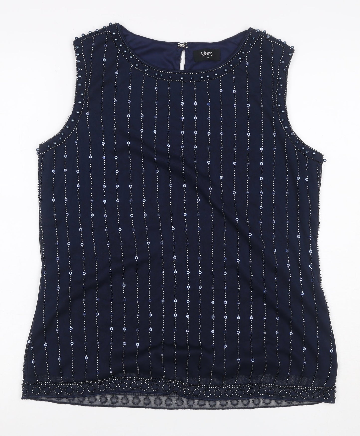 Klass Women’s Blue M Beaded Sequin Sleeveless Party Tank Top