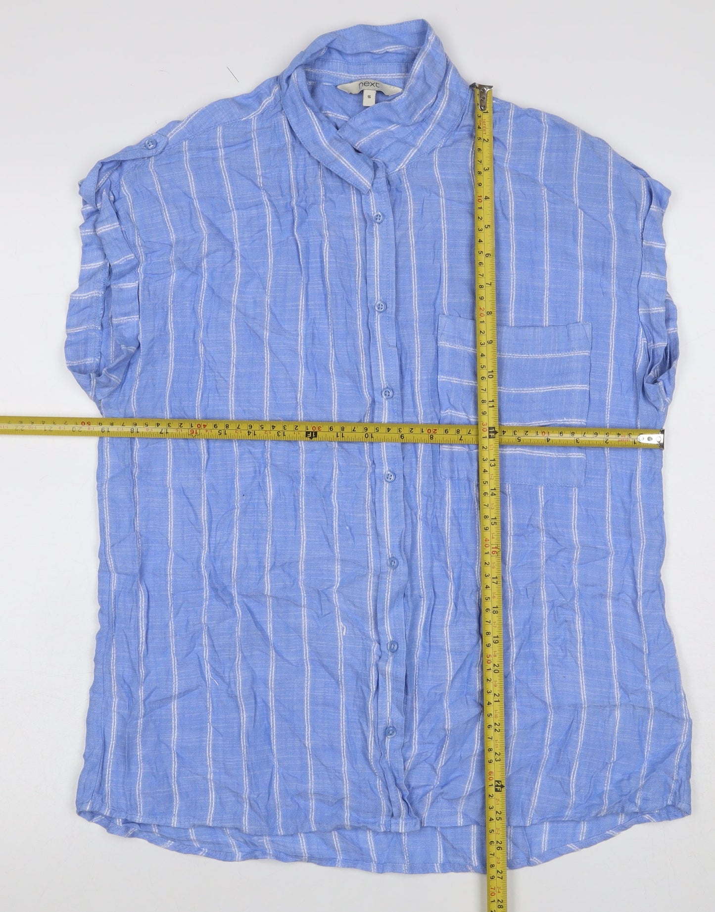 Next Women Blue Stripe Linen Button-Up Cap Sleeve Blouse UK 16