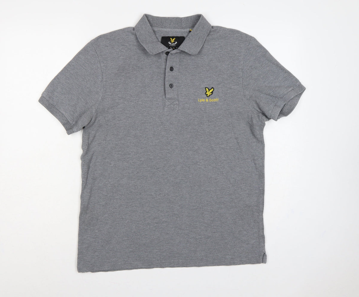 Back view of Lyle & Scott men’s grey logo short sleeve polo shirt, size L