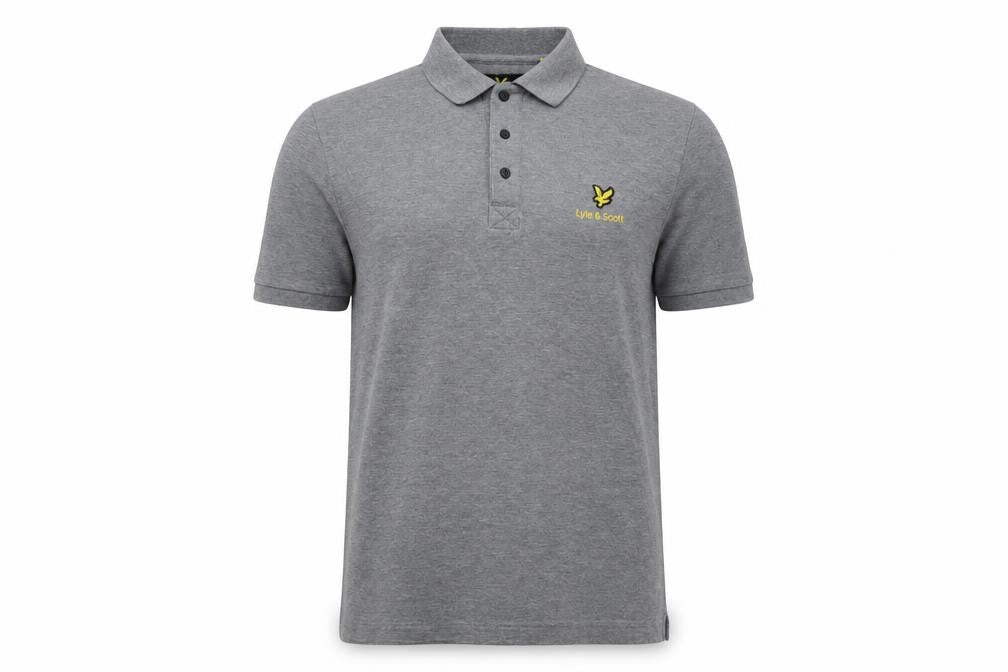 Front view of Lyle & Scott men’s grey logo short sleeve polo shirt, size L