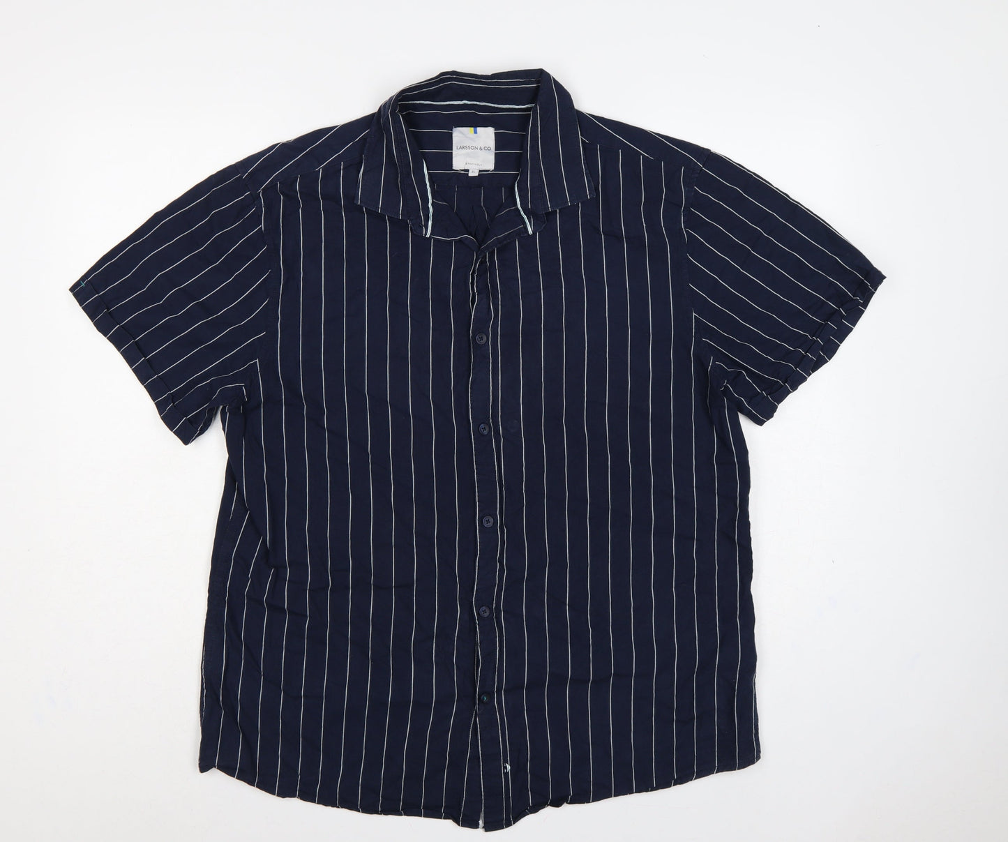 Larsson & Co Men Blue XL Striped Cotton Short Sleeve Button-Up Shirt
