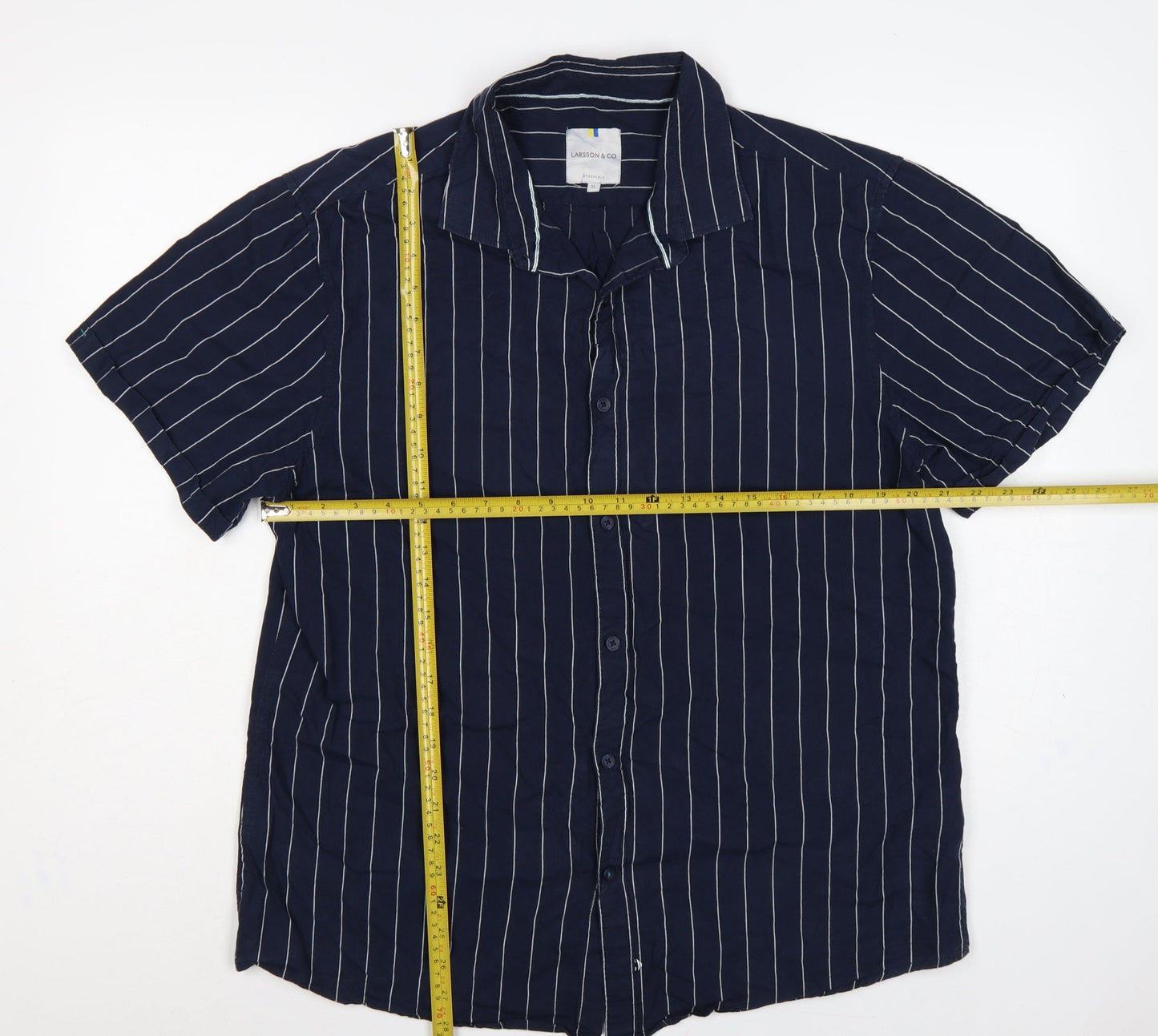 Larsson & Co Men Blue XL Striped Cotton Short Sleeve Button-Up Shirt