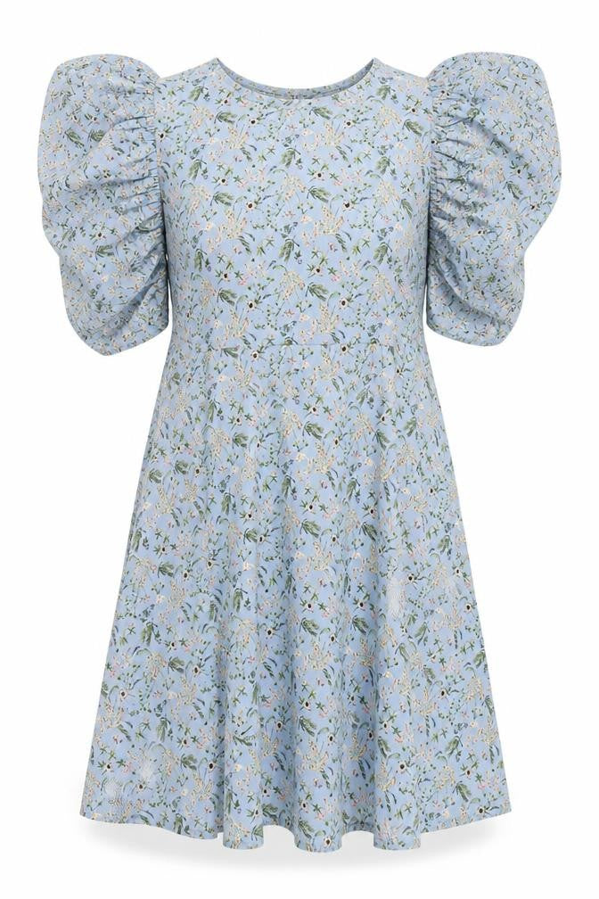 Zara Women Blue Floral Fit & Flare Puff Sleeve Short Dress L