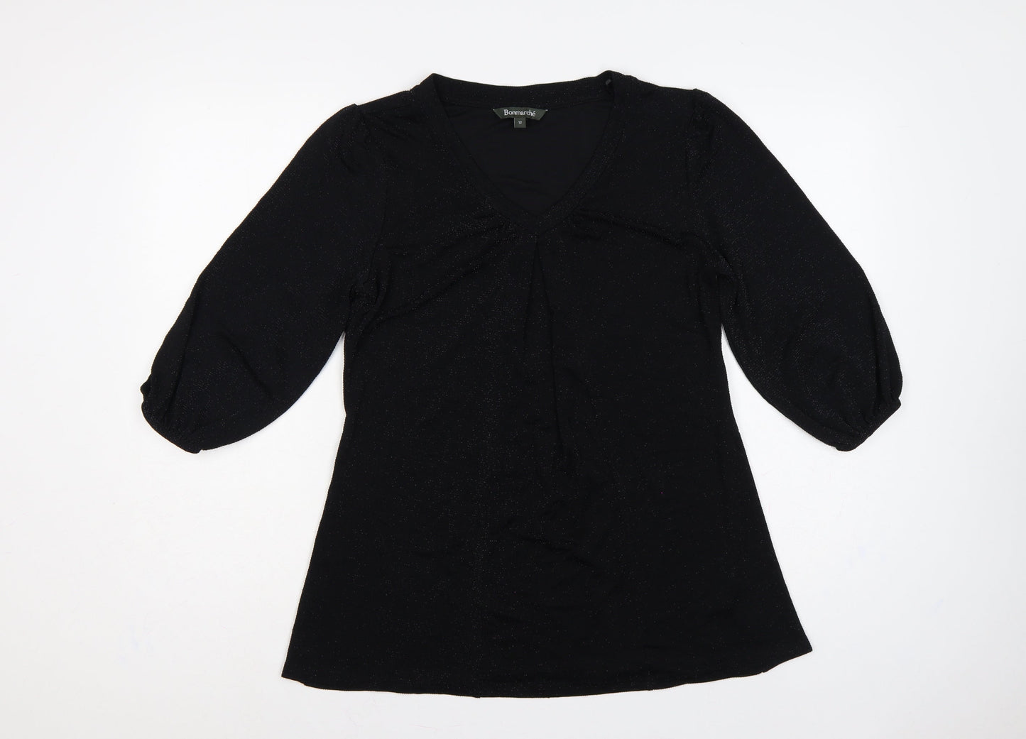 Bonmarché Women’s Black Glitter V-Neck Balloon Sleeve Blouse Size 12