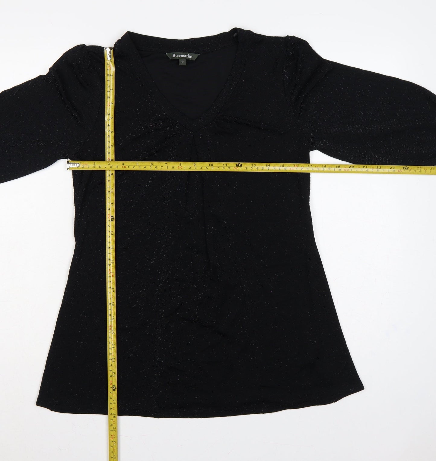 Bonmarché Women’s Black Glitter V-Neck Balloon Sleeve Blouse Size 12