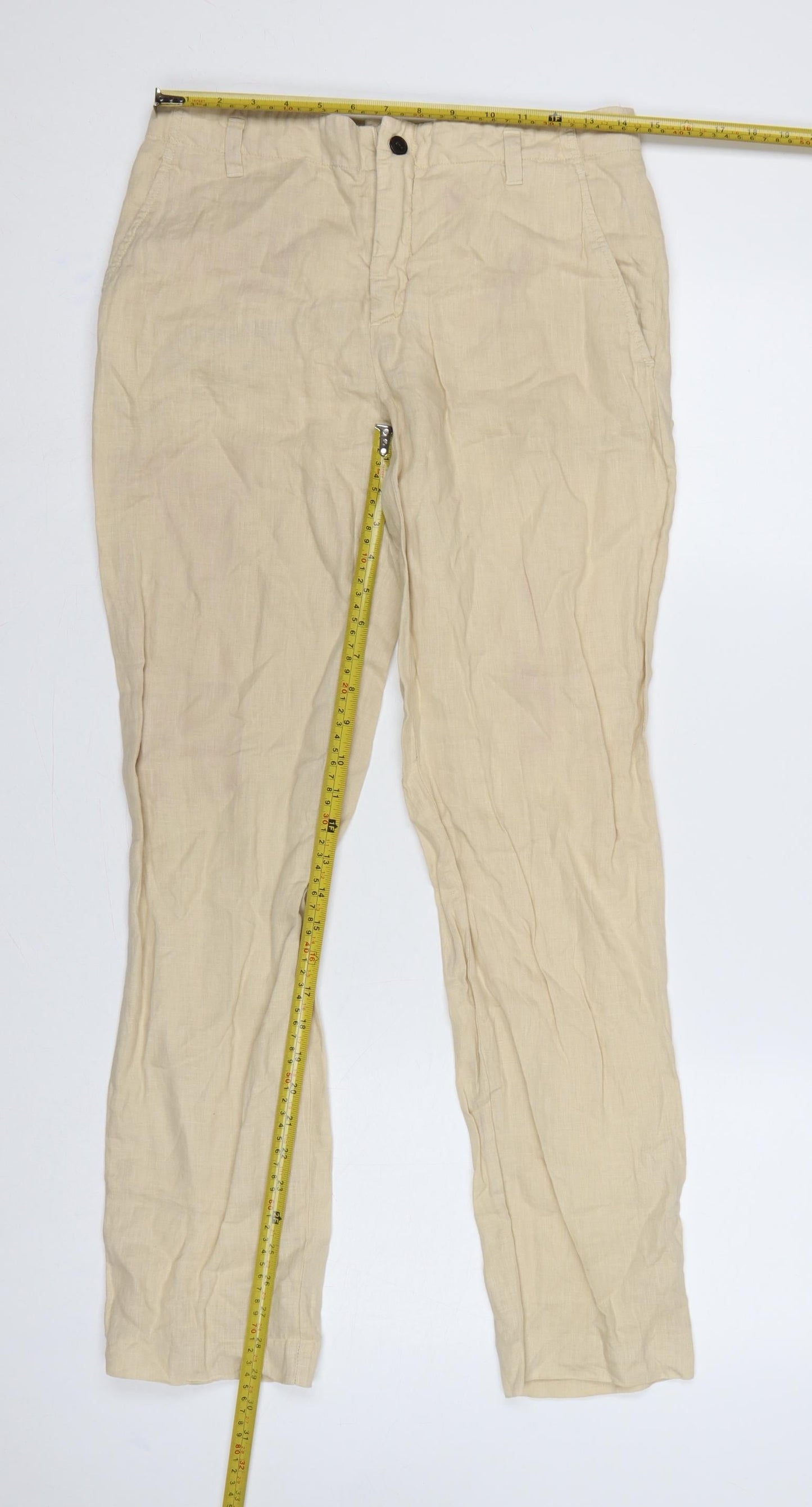 Zara Women Beige Linen Straight Chino Trousers Size S