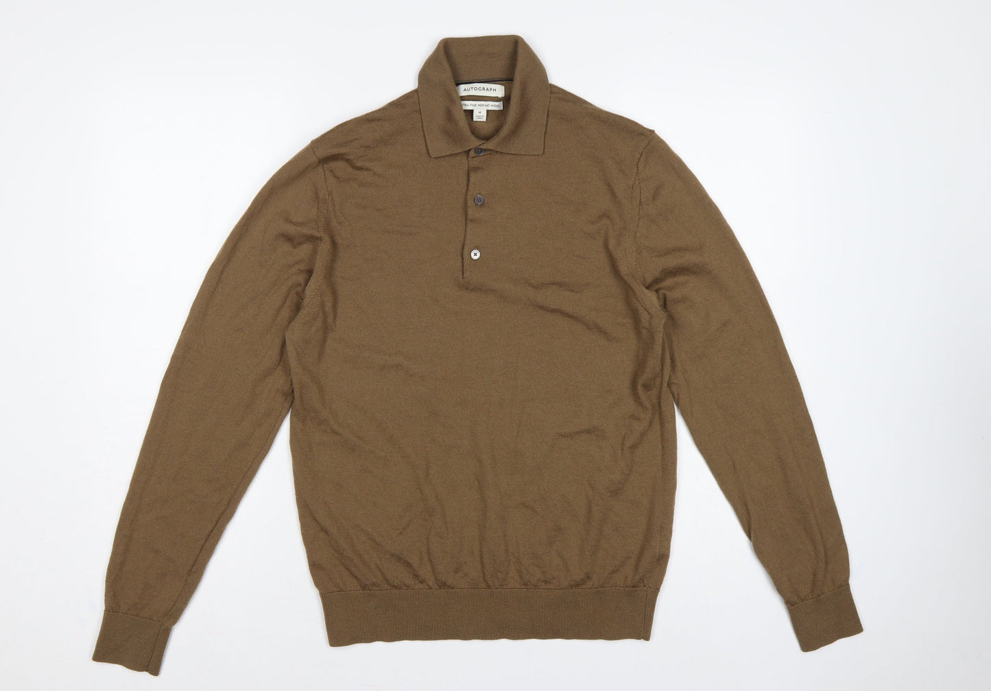 Autograph Men’s Brown Merino Wool Collared Henley Jumper M