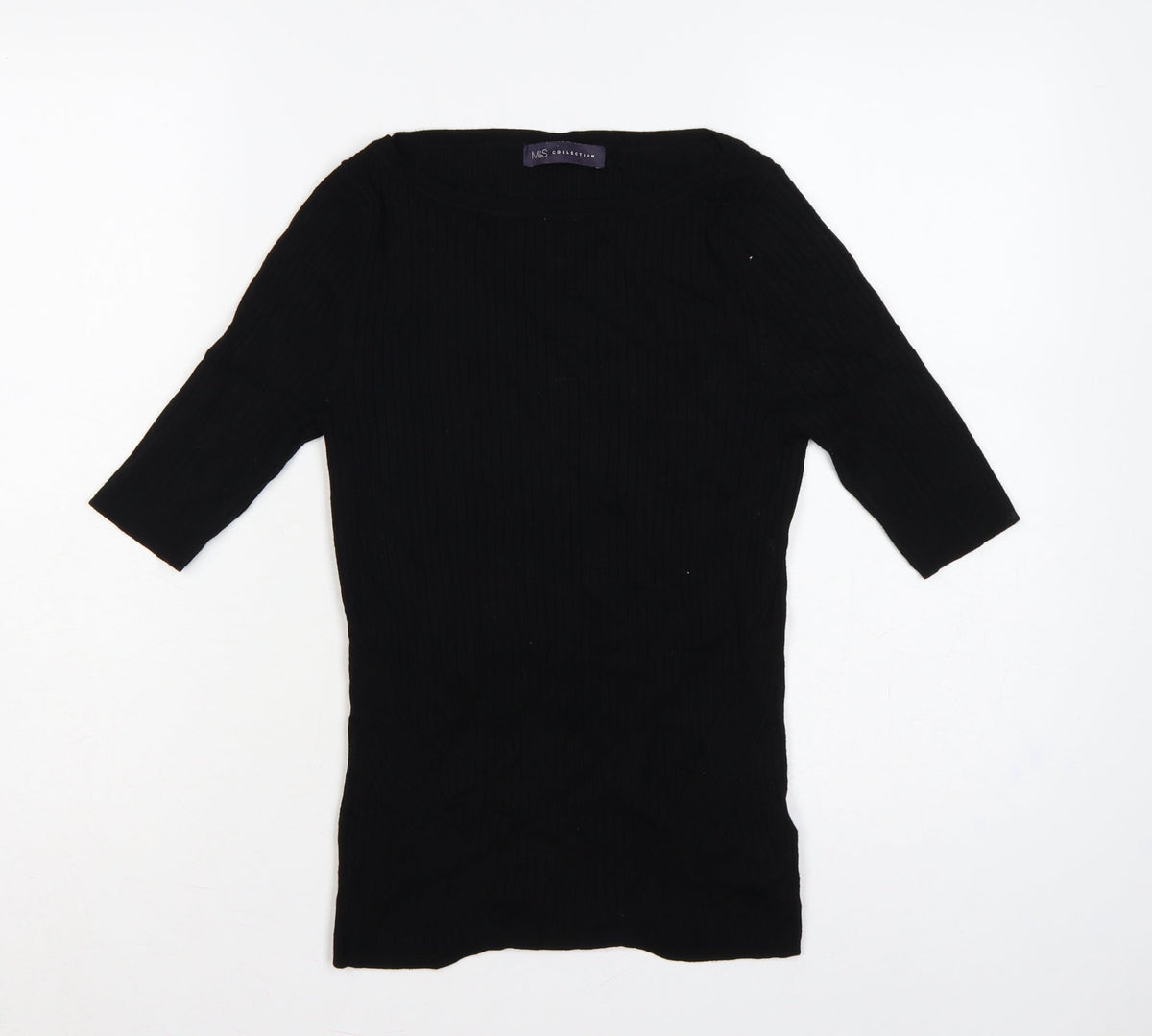 Marks & Spencer Women Black UK 10 Ribbed Knit 3/4 Sleeve Tunic Jumper