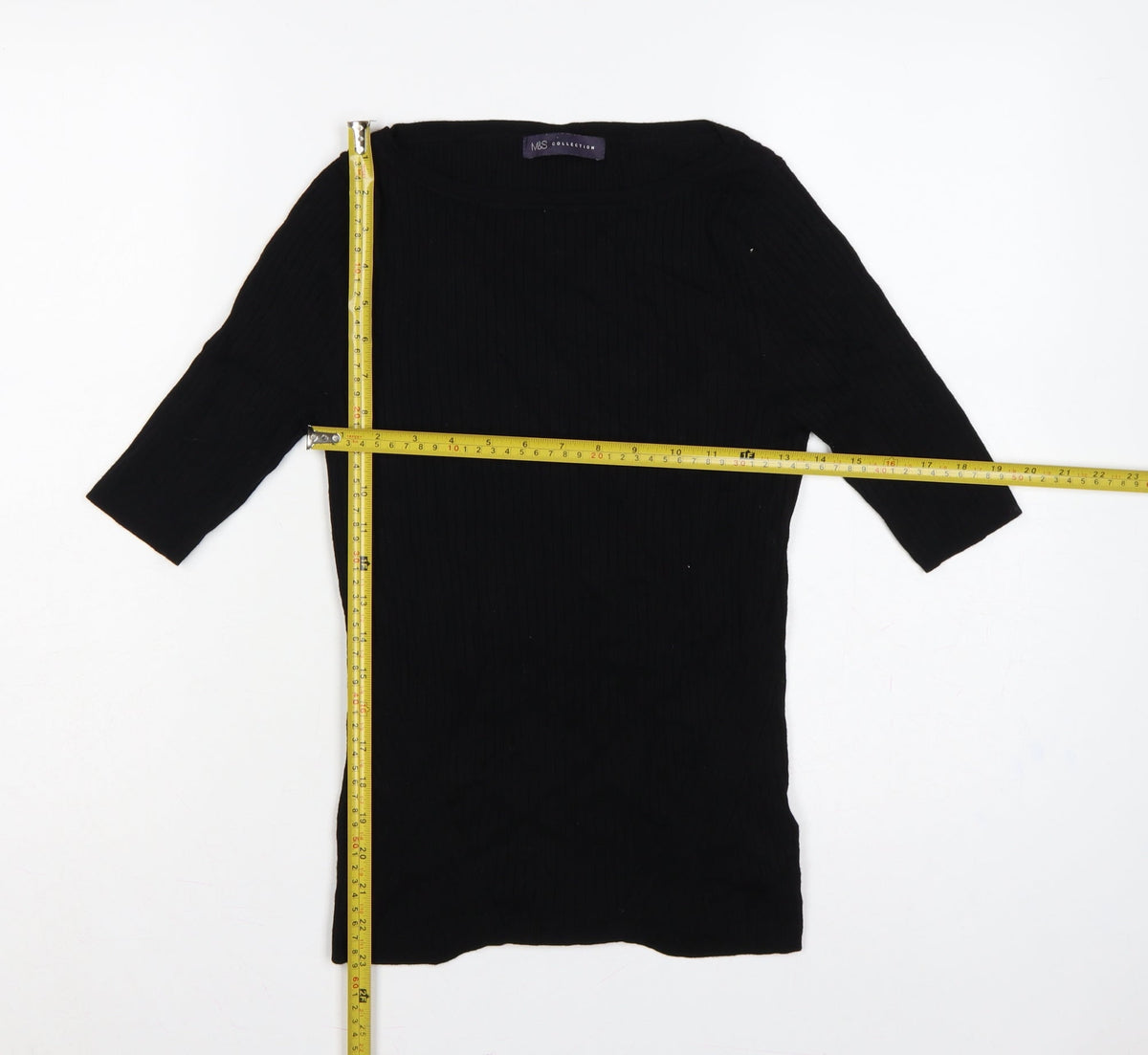 Marks & Spencer Women Black UK 10 Ribbed Knit 3/4 Sleeve Tunic Jumper