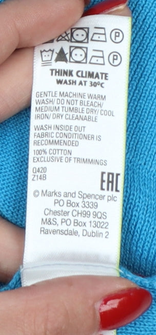 Marks and Spencer Women Blue UK 14 Cotton Short Sleeve Crew Neck Pullover