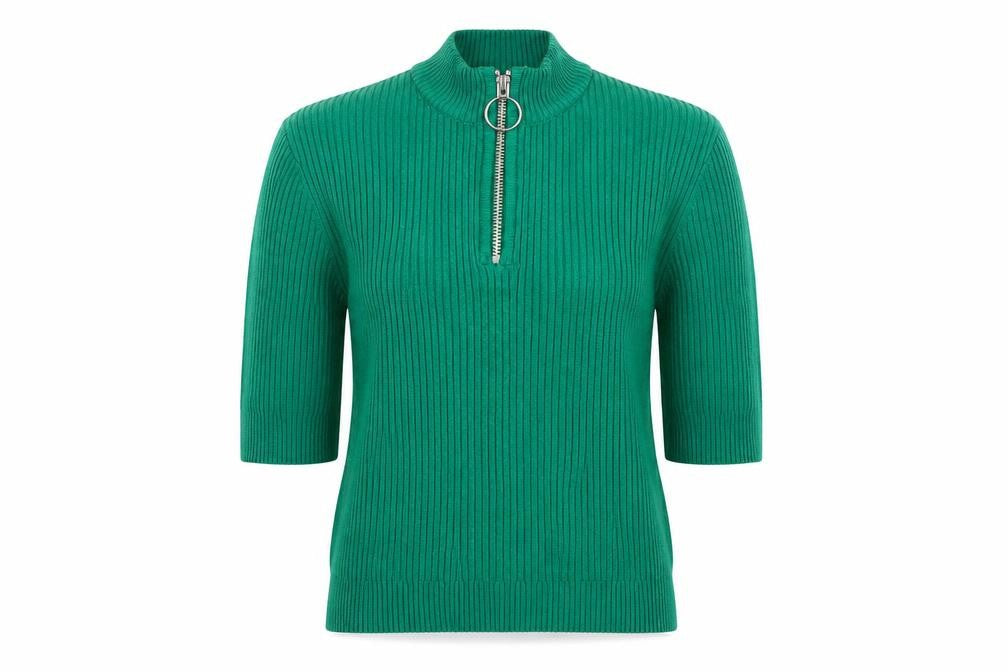 Bershka Women Green XS Ribbed 1/2 Zip High Neck Jumper