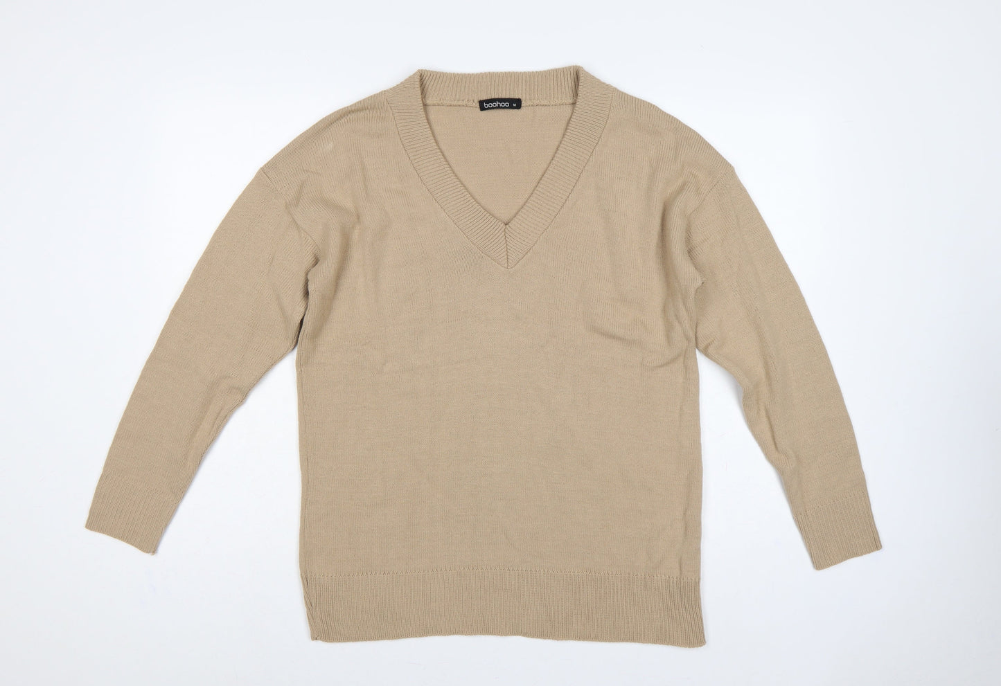 Boohoo Women Beige M V-Neck Long Sleeve Fine Knit Pullover Jumper