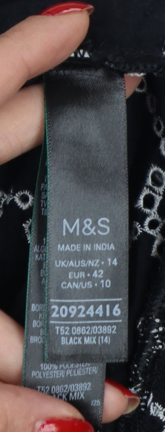 Marks & Spencer Women Black White Geometric Embroidered Fit & Flare Dress UK 14