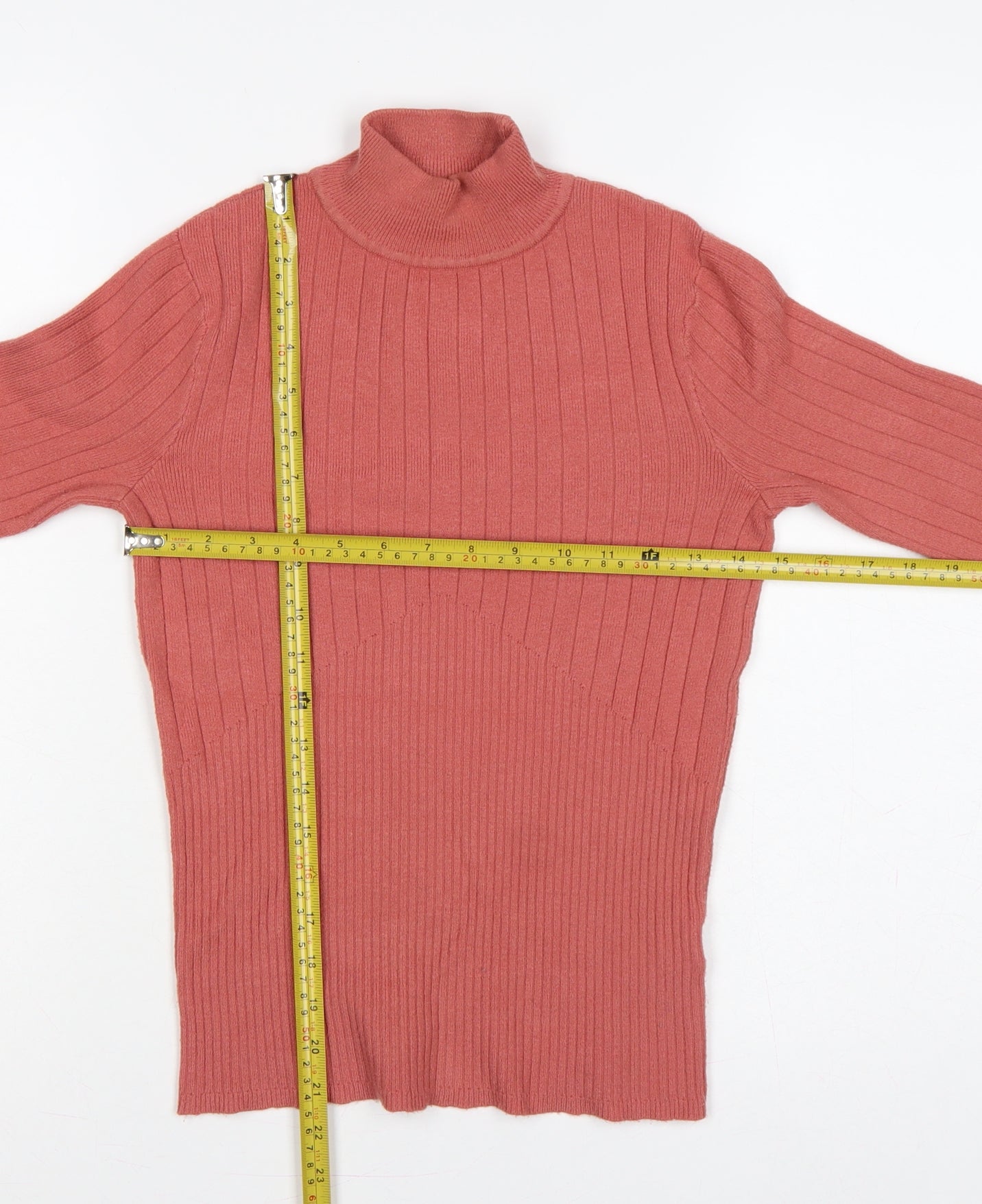 M&S Women Pink UK 8 Ribbed Roll Neck Slim Knit Jumper Button Cuffs
