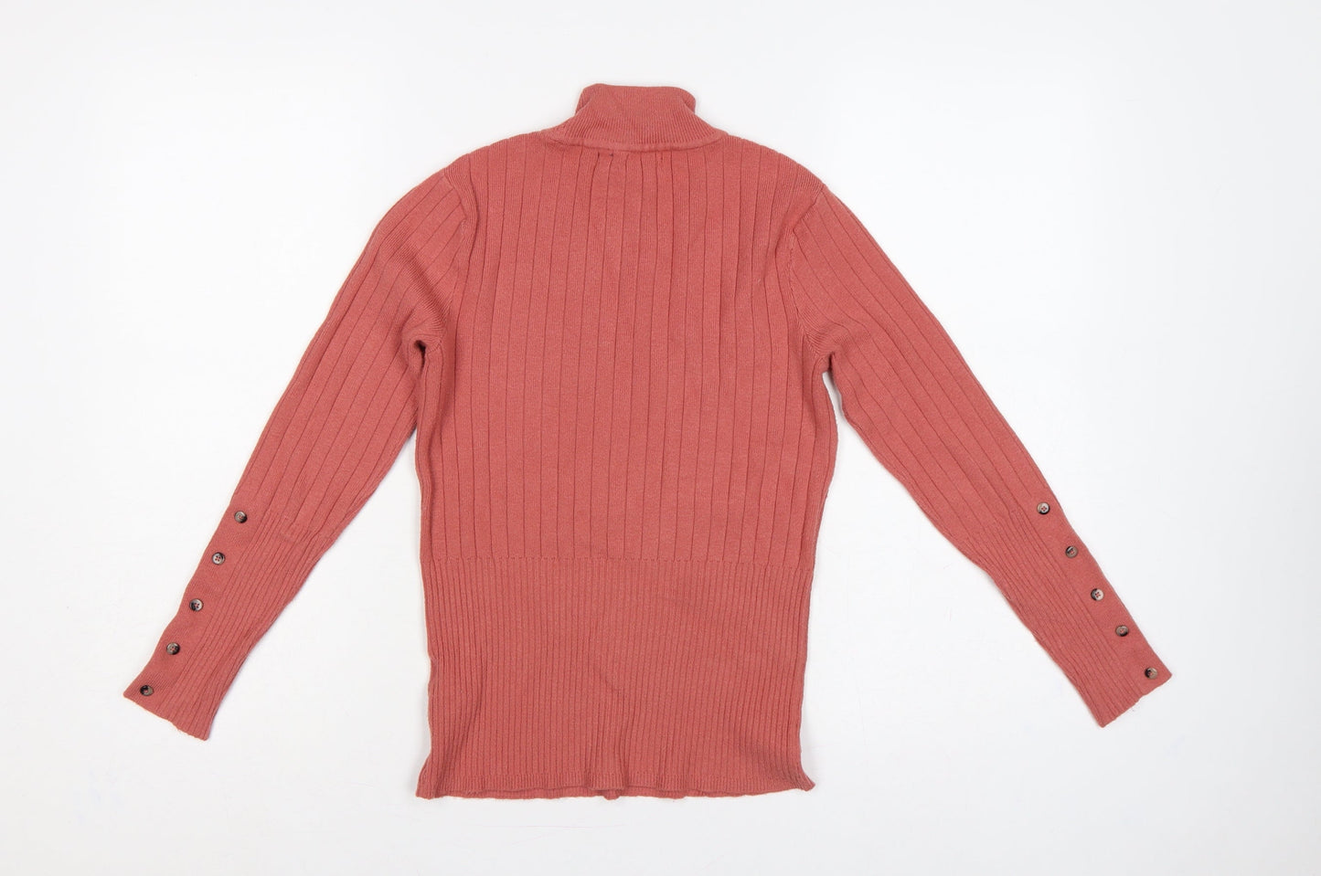 M&S Women Pink UK 8 Ribbed Roll Neck Slim Knit Jumper Button Cuffs