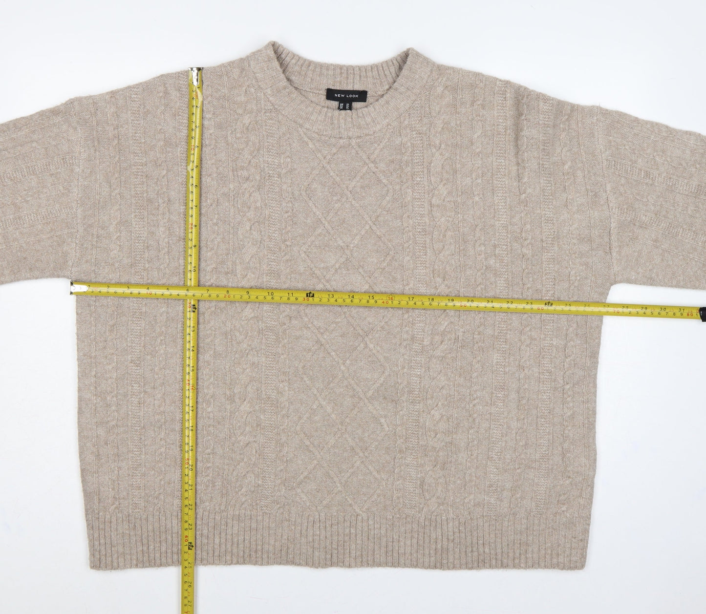 New Look Women Beige XL Cable-Knit Crew Neck Long Sleeve Pullover Jumper