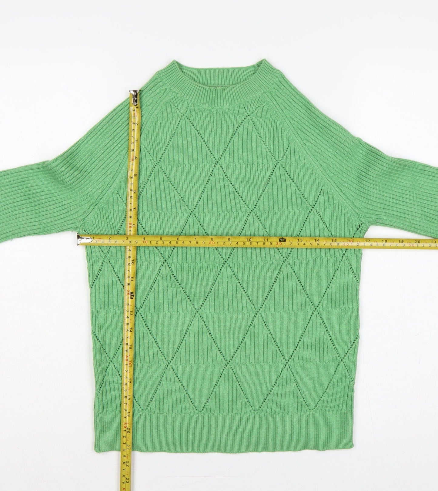 Marks and Spencer Women Green S Argyle Rib Knit Crew Neck Jumper