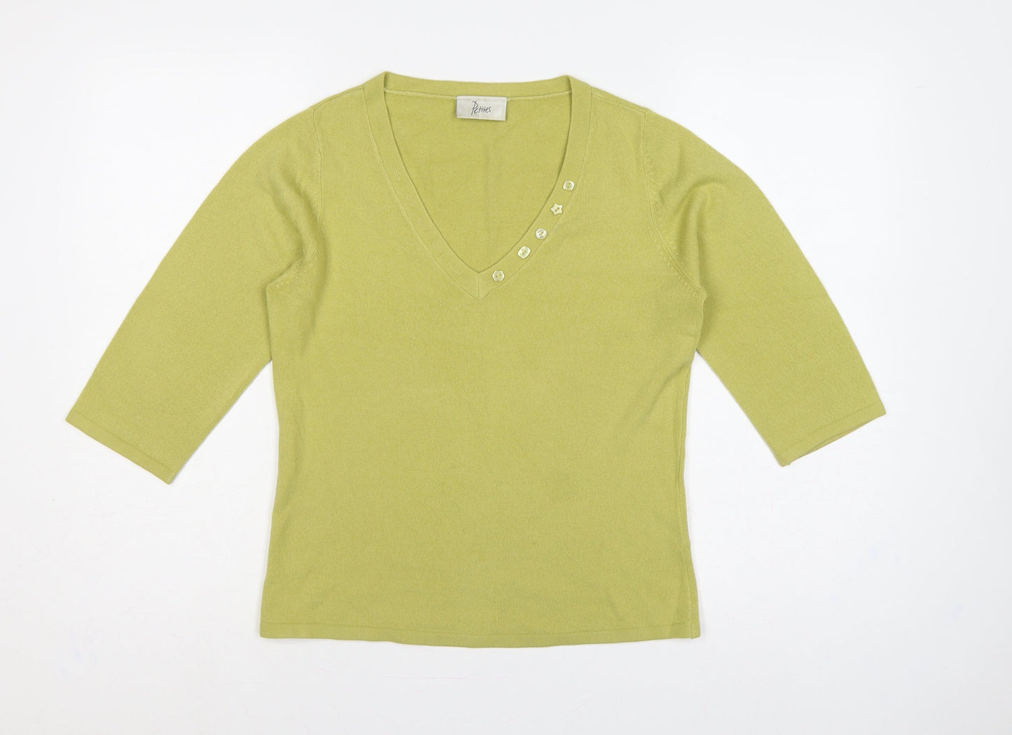 Bhs Petites Women's Green UK 12 Henley V-Neck 3/4 Sleeve Jumper