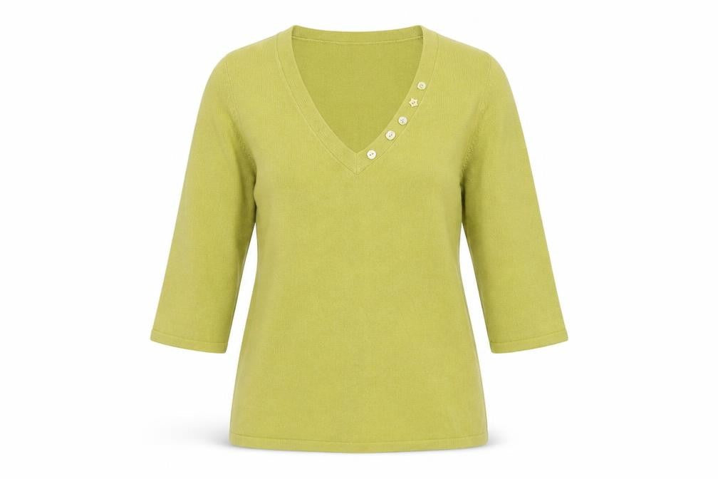 Bhs Petites Women's Green UK 12 Henley V-Neck 3/4 Sleeve Jumper