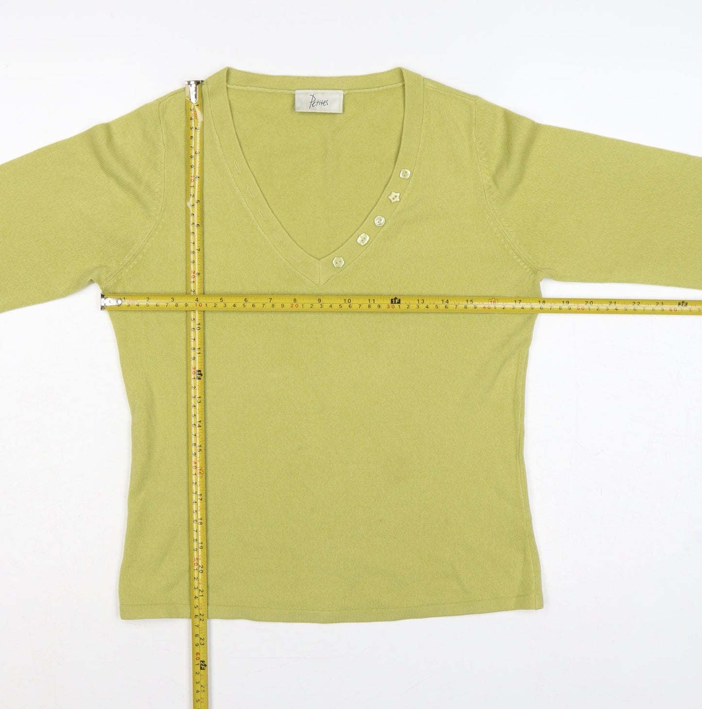 Bhs Petites Women's Green UK 12 Henley V-Neck 3/4 Sleeve Jumper