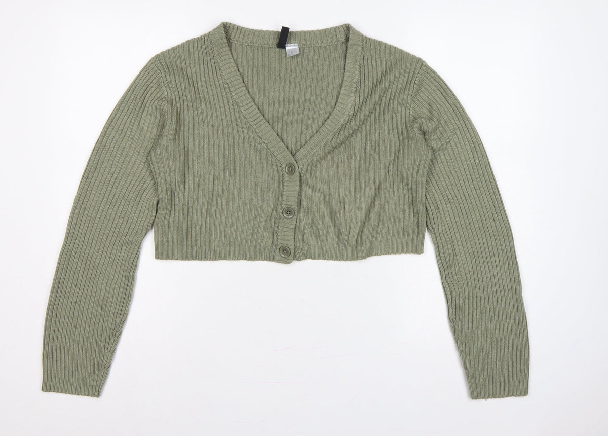 H&M Divided Women Green S Rib Knit Cropped V-Neck Cardigan
