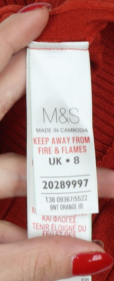 Marks & Spencer Women Red Rib Knit Jumper UK 8 Round Neck Slim Fit