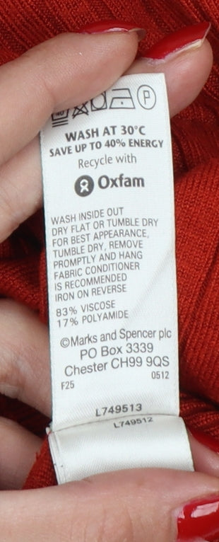 Marks & Spencer Women Red Rib Knit Jumper UK 8 Round Neck Slim Fit