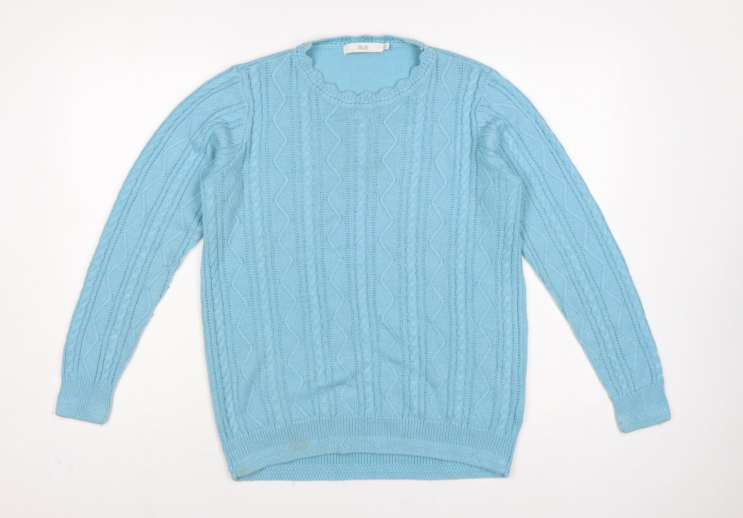 ISLE Women Blue Size 10 Cable Knit Round Neck Pullover Jumper
