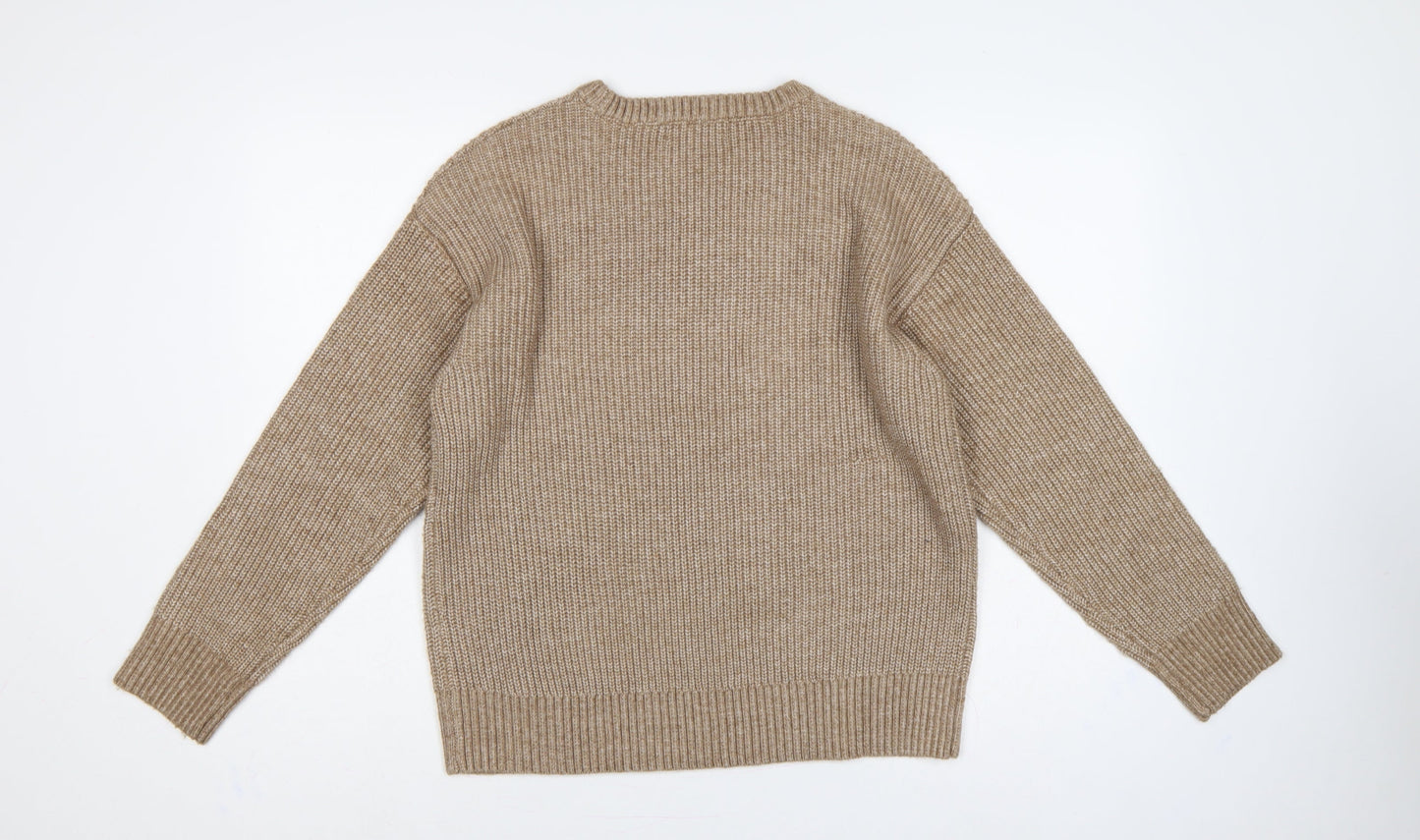 Marks & Spencer Women Beige M Chunky Knit Crew Neck Jumper